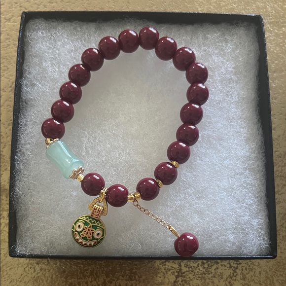 Feng Shui Jewelry - #1466** Natural Sand Cinnabar Beaded W/ Green Dragon Face Gold Plated Bracelet